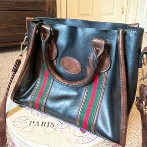 Black Leather Striped Shoulder Bag